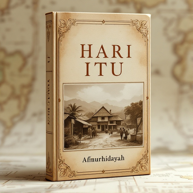 A sepia-toned photograph of an old Indonesian village is at the center, slightly faded to evoke nostalgia. In the background, subtle illustrations of historical maps blend seamlessly with the photo. Soft swirls mimic the pages of an ancient diary.