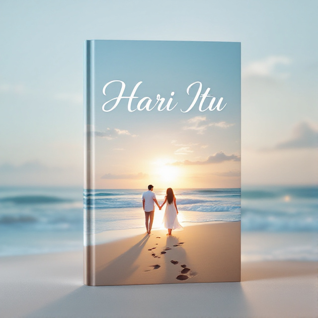 A dreamy, nostalgic scene depicting a couple holding hands on a serene beach at sunset. The background features a gradient sky transitioning from light blue to deeper blue, with soft white clouds. Gentle waves roll onto the shore, and faint imprints of footsteps in the sand lead towards the horizon.
