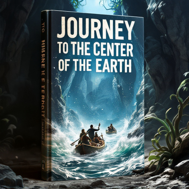 The cover showcases a dramatic scene with explorers frantically rowing through a turbulent underground river. Towering rocks and peculiar, massive plants surround them, creating a sense of imminent danger and wonder. Splashes of white water convey the intensity of the river's currents, while the explorers' expressions emphasize their bravery and determination. The color palette of blues and browns sets a mysterious, otherworldly tone.
