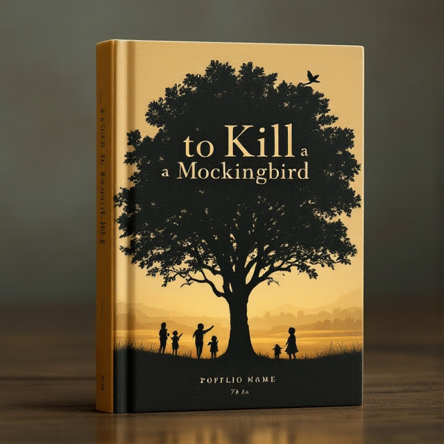 A silhouette of children playing beneath a large, ominous tree. A mockingbird subtly perched on a branch. In the background, gentle hues of yellow and beige suggest a Southern United States landscape, with fields or a small town visible in soft focus. The overall atmosphere is both dark and hopeful, balancing between shadow and light.
