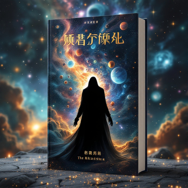 A celestial backdrop with swirling galaxies and glimmering stars. The central focus is a colossal black silhouette of a figure with an open mouth, poised as if consuming a cluster of planets and cosmic debris. Surrounding this figure are vibrant colors representing different energy forms and dimensions.