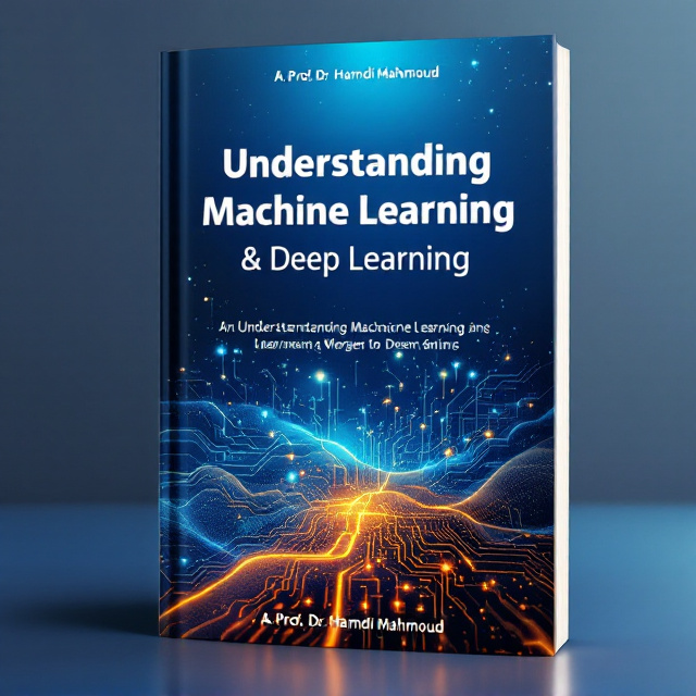 A dynamic digital illustration featuring interconnected neural network nodes and circuits in vibrant electric blues and energetic oranges spaced evenly across the front cover. A subtle gradient background transitioning from deep sky blue to a warm golden yellow adds depth, while abstract waveforms infuse a sense of movement and discovery.