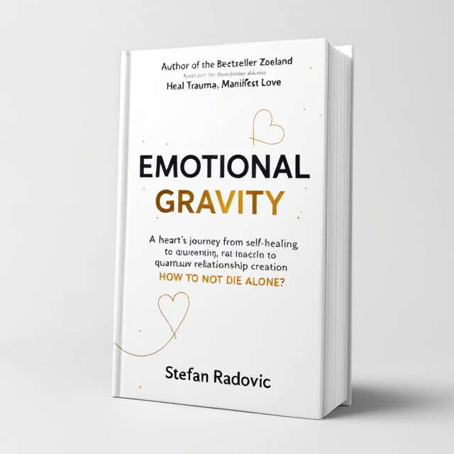 The cover features a clean white background with a minimalist design. At the top, "Author of the Bestseller Zoeland" is displayed in black font. Below that, the phrase "Heal Trauma, Manifest Love" is centered as a brief description. The title "EMOTIONAL GRAVITY" is prominently placed in the middle of the cover in a clean, printed font with a gold foil effect. The letter "O" in "EMOTIONAL" is replaced by a single-line heart illustration, with the line seamlessly extending from the heart and swirling around the title in subtle patterns. Below the title, a sentence reads, "A heart's journey from self-healing to quantum relationship creation," in black font. Near the bottom, a bold question, "HOW TO NOT DIE ALONE?" stands out, followed by the author's name, "Stefan Radović.".