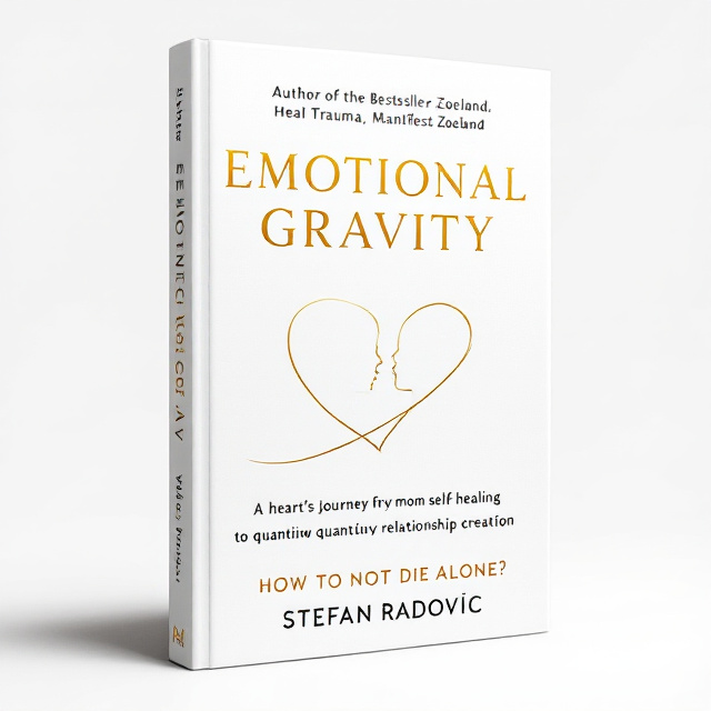 A clean white background with a minimalist design. The title "EMOTIONAL GRAVITY" is bold, in gold foil, with the "O" replaced by a single-line heart illustration. This line flows and weaves through the title, forming subtle human silhouettes in a kiss before extending toward the book's edge. At the top, in black font, is the phrase "Author of the Bestseller Zoeland." Below it in smaller black font is "Heal Trauma, Manifest Love." Beneath the title, "A heart's journey from self-healing to quantum relationship creation." At the bottom, the question "HOW TO NOT DIE ALONE?" above the author's name, "Stefan Radović.".