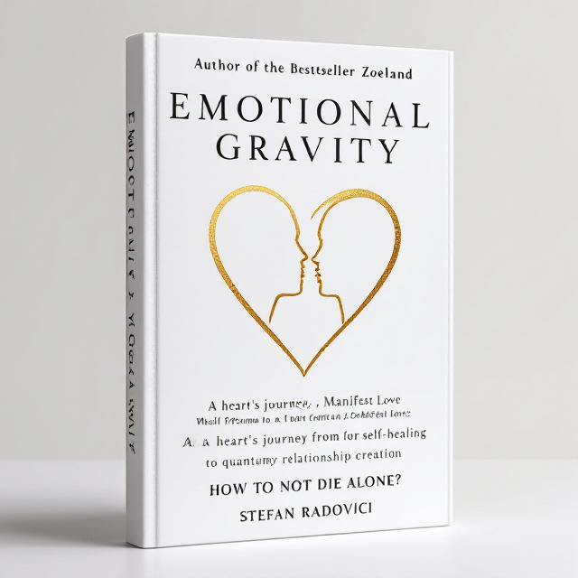 The cover features a minimalist, clean white background. At the top, bold black font announces, "Author of the Bestseller Zoeland." Beneath it, "Heal Trauma, Manifest Love" provides a brief thematic description. Centered prominently is the title "EMOTIONAL GRAVITY" with the letter "O" replaced by a single-line heart illustration. The line flows around the title, integrating two human silhouettes in a kiss, then merges smoothly back into the heart and extends to the book's edge. Below, in black, the phrase "A heart's journey from self-healing to quantum relationship creation" is displayed. Near the bottom, a striking question, "HOW TO NOT DIE ALONE?" leads to the author’s name, "Stefan Radović.".