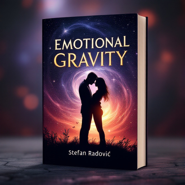 A silhouette of a couple in a passionate embrace is centrally featured against a backdrop of swirling cosmic imagery with stars and galaxies. The colors transition from deep purples to vibrant reds and oranges, simulating a sunset. A soft glow is emitted from the couple, suggesting a magnetic pull between them.