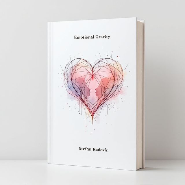 A stark white background dominates the cover, accented by minimalistic, intricate lines intertwining to form a soft heart shape at the center, hinting at emotional complexity. Slightly transparent, watercolor-like hues in pastel shades subtly form a spectrum behind the heart. These lines, when closely observed, reveal intertwined silhouettes of faces and figures, adding an element of mystery and intimacy. A faint outline of constellations dots the outer edges, invoking a sense of quantum possibility and cosmic wonder.