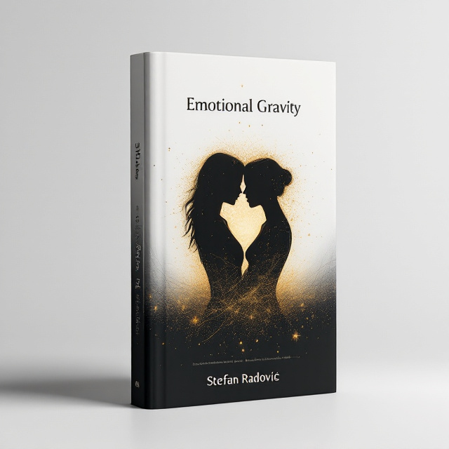 A minimalist design featuring a black silhouette of two intertwined figures at the bottom, suggesting depth and connection, with their edges transitioning into white and gold hues at the top. This transformation indicates a journey from darkness to light, and ultimately reaching love symbolized by the gold illumination around them. A subtle, intricate pattern of quantum lines weaves through the background, adding a touch of mystery and elegance.