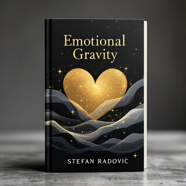 A stark contrast of black and white waves dancing across the cover, representing the shadows and moments of healing. A gold, celestial heart shape emerges from the center, capturing the essence of love matured through its journey, with stars scattered around to hint at mystery and wonder.