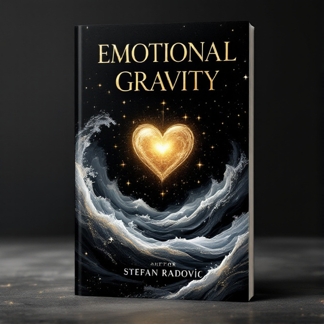 standing book mockup, Its title is "Emotional Gravity". Its author name is Stefan Radović.  A dramatic interplay of swirling black and white waves flowing across the cover, representing the contrast between shadows and healing moments. A central gold, celestial heart, symbolizing matured love, radiates from the middle. Stars are delicately scattered around, enhancing the sense of mystery and wonder. A sleek, elegant serif font in soft gold for "Emotional Gravity," with an understated, minimalist sans-serif font for Stefan Radović., The title is centrally aligned at the top, creating a powerful initial impression. The author's name is elegantly situated at the bottom. The abstract waves and the golden heart are centralized slightly toward the lower center, drawing the eye naturally toward the focus of the cover.