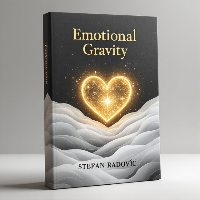 A harmonious blend of white and soft gray waves flow gracefully across the cover, converging at a glowing, gold celestial heart shape, embedded with tiny scattered stars that emanate mystery and wonder. The composition evokes a sense of deep transformation and emotional gravity.