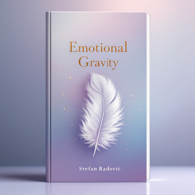 A minimalist cover with a large, elegant white feather gracefully falling down the center against a pastel-hued background, representing transformation and emotional depth. The background features soft gradients of deep blues and purples transitioning into a gentle pink, creating a sense of mystery and wonder. Small, subtle golden sparkles scatter around the feather, suggesting quantum possibilities and the journey of self-discovery.