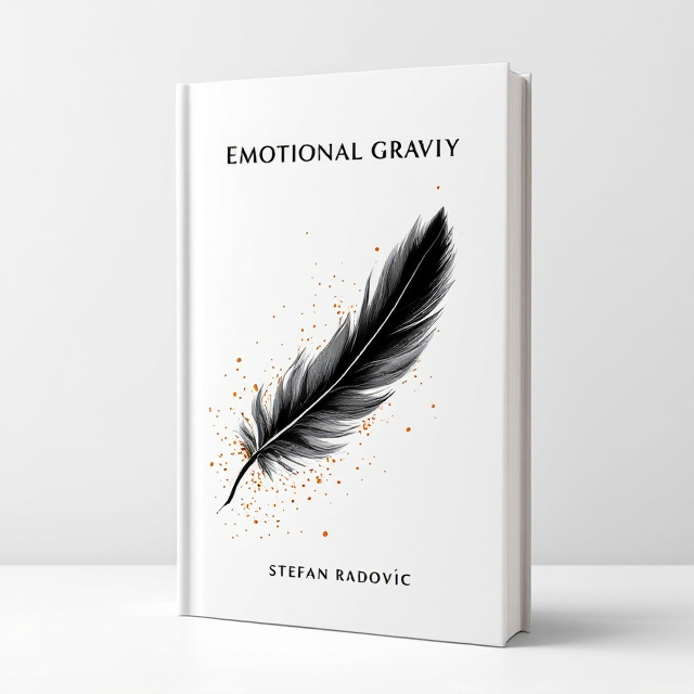 A stark, white cover adorned with a single, elegant and delicately drawn black feather, which appears to be suspended mid-air against a backdrop of subtle, glowing golden particles. The feather symbolizes lightness intertwined with the concept of gravity, echoing the book's theme of emotional depth and quantum possibilities. The central focus on the feather conveys mystery and elegance, while the golden particles add a hint of warmth and magnetism.