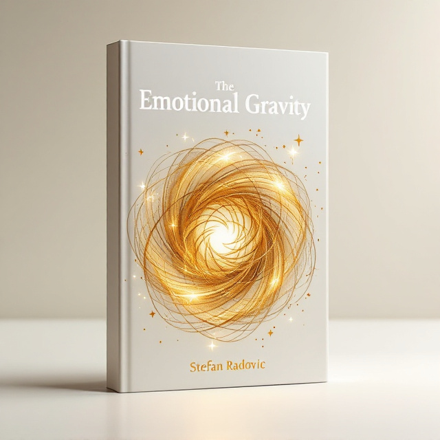 A white gold backdrop with a subtle shimmer effect. Central abstract image of intertwined golden threads forming a symbolic spiral or vortex, representing emotional connections and gravitational pull. Shadows create depth and dimensions, suggesting mystery and elegance. Small scattered stars add an element of quantum possibility, while soft gradient lights suggest emotional depth and journey.