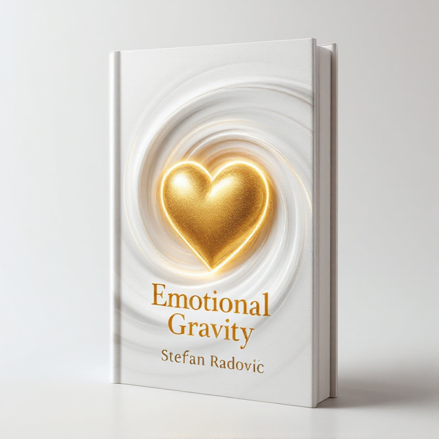 A swirling vortex centered on the cover with a gold heart at its core, creating a sense of motion and magnetism. The background is a clean, crisp white to emphasize the elegance and mystery. The heart shines subtly, adding emotional depth and suggesting a journey or exploration into the complexities of love and emotional gravity.