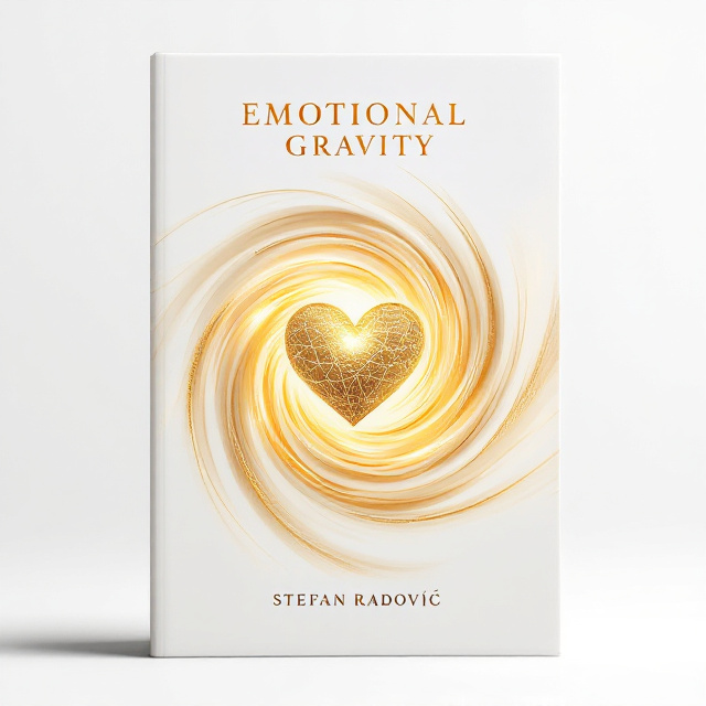 A swirling vortex centered on the cover with a shimmering gold heart at its core, emanating a sense of motion and magnetism against a clean, crisp white background. The vortex swirls in a subtle gradient, adding a sense of depth and progression.