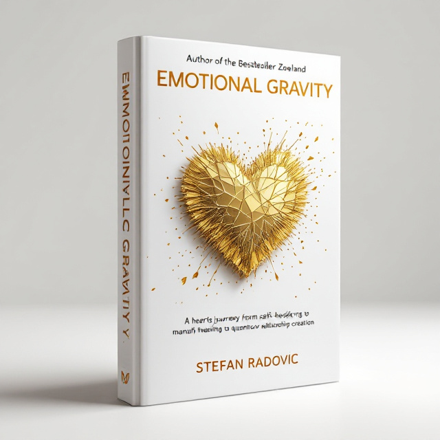 A radiant, fragmenting gold heart is positioned centrally on the cover, with delicate golden lines unfurling from it, flowing enticingly toward the right edge of the cover. These shimmering extensions symbolize the dispersion of emotional energy, embedding a sense of a journey and drawing the reader inward. The background remains a pristine white, ensuring the gold heart and lines take visual prominence, creating a mesmerizing play of white and gold.
