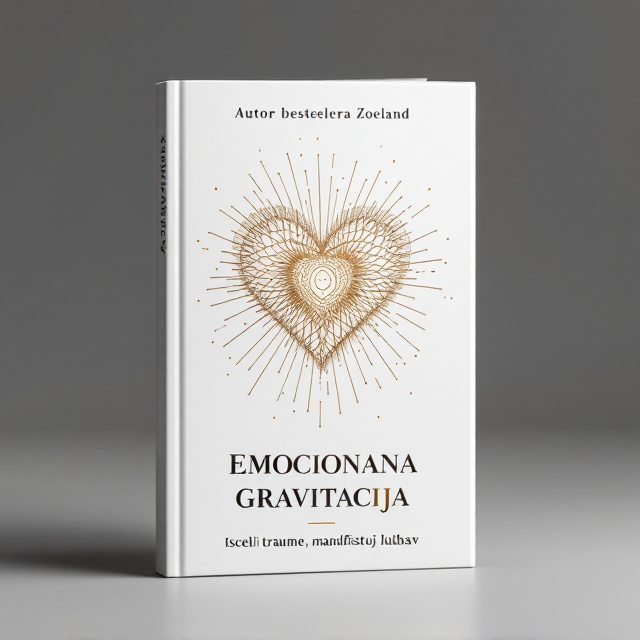 The cover features a pristine white background, giving prominence to a central, intricately designed golden heart that replaces the second "O" in "EMOCIONALNA GRAVITACIJA." Thin, elegant golden lines emanate from this heart, stretching towards the edges of the cover. At the top, an elegant black font states "Autor bestselera Zoeland," below which "Isceli traume, manifestuj ljubav" supports the theme. The title, in metallic gold, commands attention in the center. Beneath, a thought-provoking question is displayed in crisp black typography. Stefan Radović's name is balanced at the bottom.