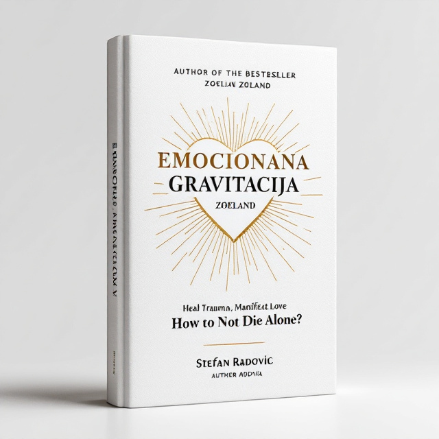 At the top of the cover, the text "Author of the Bestseller Zoeland" appears in elegant black font. Directly below is the phrase "Heal Trauma, Manifest Love" in a slightly smaller black font. Central to the cover is the title "EMOCIONALNA GRAVITACIJA," with the second letter "O" replaced by a gold heart. Thin golden lines radiate from the heart in both directions. Below the title is a black font question "How to Not Die Alone?" At the bottom, "Stefan Radović, author of the book," is centered.