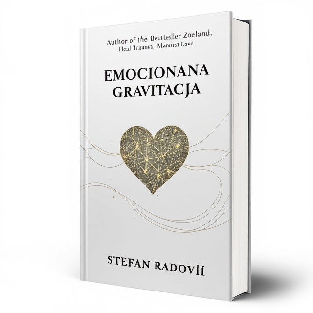 The cover features a minimalist yet captivating visual style. Elegant black text announcing "Author of the Bestseller Zoeland" appears at the top, with "Heal Trauma, Manifest Love" directly below in the same graceful font. The main title, "EMOTIONAL GRAVITY," uses a standout metallic gold font at the center, with the letter "O" replaced by a gold, constellation-like heart. Flowing hand-drawn lines spread from this heart, with three curving to the right and two to the left, creating a sense of movement and depth.