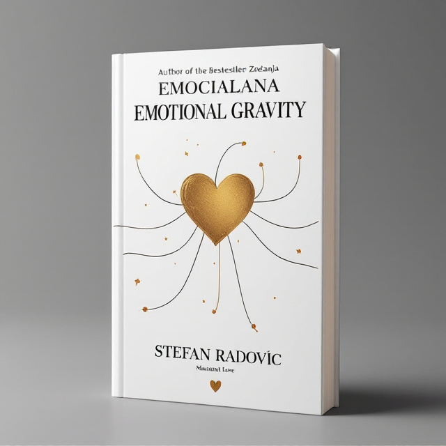 At the top of the cover, the text "Author of the Bestseller Zoeland" appears in an elegant serif black font, followed by the phrase "Heal Trauma, Manifest Love" in smaller cursive script. The central focus is the title "EMOTIONAL GRAVITY," where the letter "O" is replaced by a gold heart designed to resemble a constellation. Hand-drawn flowing lines gracefully originate from the heart, with three lines curving to the right and two to the left. These lines create a dynamic, organic movement across the cover, enhancing the concept of connection. The overall design is minimalist yet intriguing, drawing viewers into the mystery and possibilities inherent in the title.