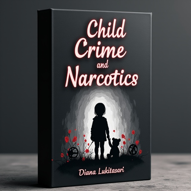 The cover features a dark charcoal background symbolizing the serious theme. In the center, an illustration depicts a blurred silhouette of a child holding a teddy bear, juxtaposed with shadowy outlines of drug paraphernalia to evoke the dual focus on crime and narcotics. Subtle red and white splashes emanate from the illustration, adding drama and tension to the design. The edges are slightly faded to give the cover a haunting, mysterious aura.