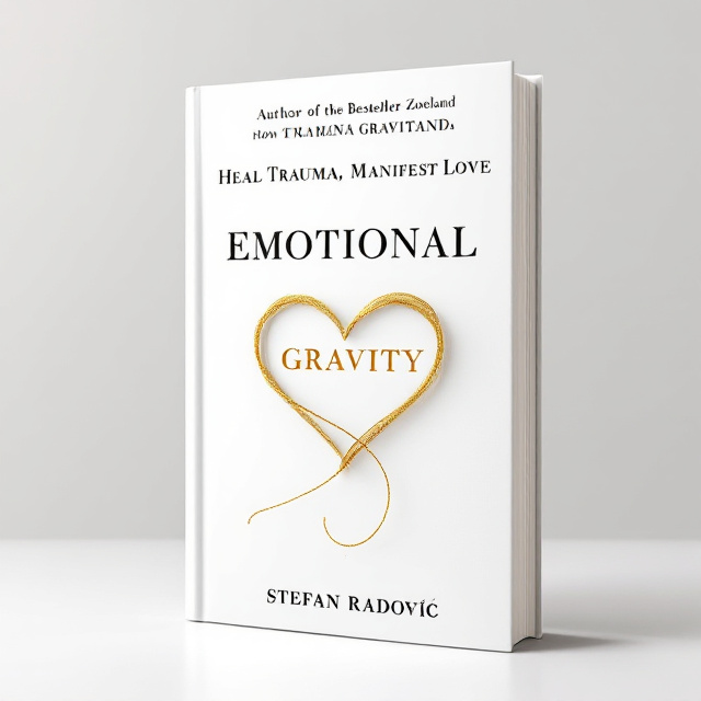The cover features an elegantly minimalist design on a clean white background. At the top, the phrase "Author of the Bestseller Zoeland" is printed in a refined black serif font, accompanied by "Heal Trauma, Manifest Love" in a smaller size for emphasis. Centrally placed is the title "EMOTIONAL GRAVITY," with the second letter "O" replaced by a golden heart formed from a shimmering golden thread. This thread originates from a golden yarn ball to the left, curving gracefully into the heart shape and continuing as a flowing line off the right edge, symbolizing a journey.