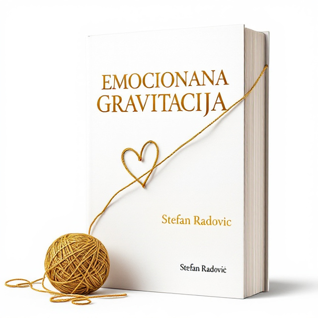 A golden ball of yarn is positioned on the lower left of the cover, unraveling upward with the thread forming the title "EMOCIONALNA GRAVITACIJA" against a pure white background. The thread creates a heart shape at the "O" in "EMOCIONALNA" and continues to the right edge, inviting readers into the journey described within the book.