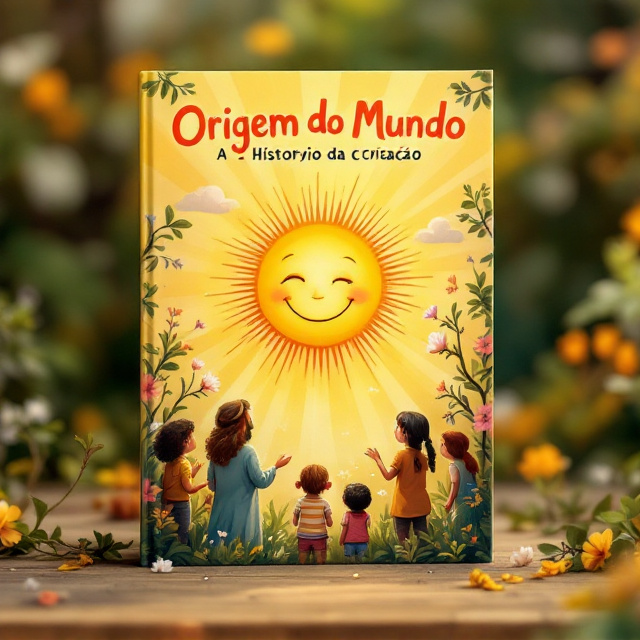 A vibrant and cheerful depiction of a radiant sun smiling kindly at a gathering of children, each observing nature's wonders. God is portrayed as a benevolent figure, gently guiding the sun's rays towards the children. In the background, lush vines and blooming flowers create a frame that emphasizes the theme of creation and life.