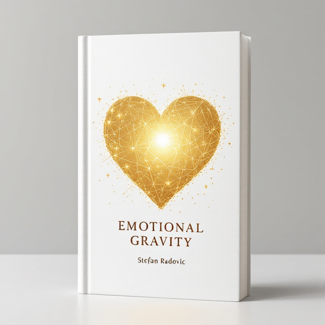 A minimalist white background centers around a luminous golden heart, intricately threaded with a constellation of stars resembling a galaxy. From this heart, a fluid, delicate line elegantly stretches to the right edge, signifying connection and journey.