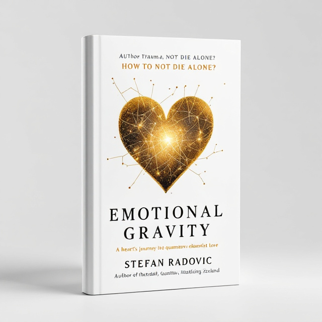 standing book mockup, Its title is "EMOTIONAL GRAVITY". Its author name is Stefan Radović.  A golden heart with a galaxy-like constellation woven inside it shines at the center of the cover. A delicate line extends from the heart towards the right side, creating a sense of movement and direction on a pristine white background. The title "EMOTIONAL GRAVITY" is in an elegant serif font, bold, and centered below the heart. "Stefan Radović" appears in a slightly smaller, sophisticated serif font below the title. The tagline "A heart's journey from self-healing to quantum relationship creation" is in delicate italic font beneath the author’s name. Above the golden heart, "Author of the Bestseller Zoeland" and "Heal Trauma, Manifest Love" are written in a refined sans-serif font. The question "HOW TO NOT DIE ALONE?" is in a slightly larger font, maintaining an air of intrigue., The layout is vertically centered, with elements aligned symmetrically along the central axis, creating a balanced yet dynamic composition. The main focus is on the heart and the constellation, guiding the eye naturally from top to bottom and left to right.