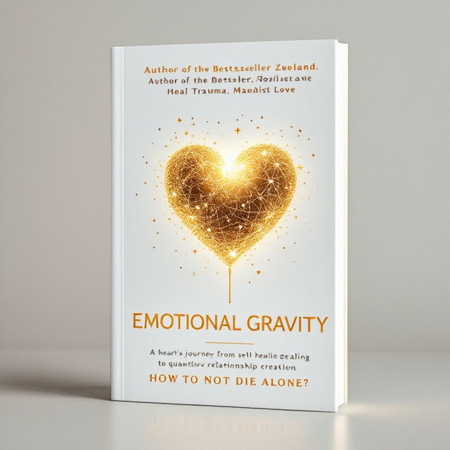 A clean, white background serves as the canvas. In the center, a luminous golden heart captivates attention, featuring an intricate constellation of stars arranged like a galaxy within it. A single, elegant line runs delicately from the heart toward the right edge of the cover. This line symbolizes the journey and connection. The top of the cover reads "Author of the Bestseller Zoeland" followed by "Heal Trauma, Manifest Love." Below the central visual is the title "EMOTIONAL GRAVITY," followed by a captivating explaining sentence "A heart's journey from self-healing to quantum relationship creation." The bottom right poses the intriguing question, "HOW TO NOT DIE ALONE?" and the author's name, "Stefan Radović," is elegantly placed.