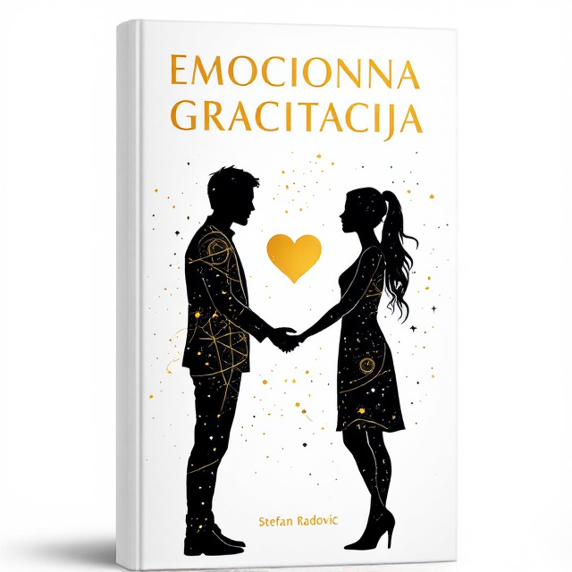 A single, continuous gold line illustrates a silhouette of a man and a woman on a pure white background. They face each other with a delicately suspended heart between their outstretched hands. Subtle hints of a gravity vortex and galaxy motifs subtly integrated into the background, embedded within the gold line, suggest quantum physics and emotional gravity.