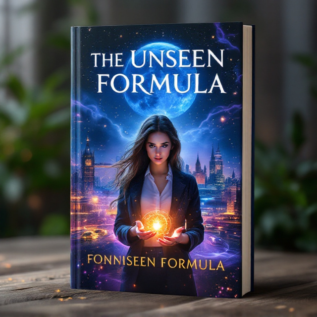 The cover features a mystical landscape merging a vibrant London skyline with an ethereal realm. In the foreground, Nadia stands with a confident posture, dressed in contemporary clothing while holding spellbinding runes glowing in her hands. Shadows of Formula 1 cars sweep across the cover, subtly hinting at speed and excitement. A moonlit sky imbued with a mix of deep blues and purples fades into swirling magical energy. Tiny, luminous elements suggest magic bursting forth in delicate wisps around the edges.