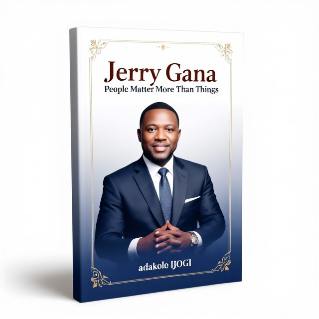 A dignified, centered photograph of Jerry Gana, bathed in soft, professional lighting, graces the cover. The background is a rich gradient of white blending into blue, evoking a sense of calm authority. Elegant borders accentuate the edges, adding an official touch.
