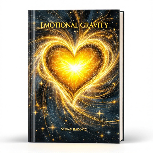 A central, radiant golden heart glows with ethereal energy, surrounded by a swirling, galaxy-like vortex of golden, black, and white tones. Fine, thread-like golden lines spiral around the heart, with star-like sparkles scattered within the cosmic swirl. The white background provides a stark contrast, emphasizing the mystique of the heart and vortex.