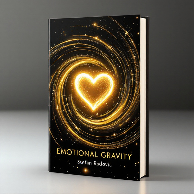A predominant white background provides a canvas for the central design elements. At the center, a glowing, radiant golden heart floats, appearing almost three-dimensional, pulsating with warmth. It is surrounded by a cosmic vortex that blends golden and black tones, creating a swirling motion radiating outward. Delicate golden lines and small star-like sparkles embellish the design, while fine cosmic particles lend ethereal touches to the spiral, enhancing its mystery and elegance.