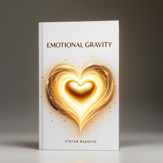 A white background dominates the cover, offering a minimalist aesthetic. At the center, a radiant, three-dimensional golden heart glows warmly. Encircling the heart is a dynamic vortex that swirls outward, transitioning from a rich gold near the heart to a dark, intertwined black toward the edges. Fine golden lines intermingle with cosmic, star-like particles scattered throughout the vortex, enhancing the celestial feel. The vortex fades seamlessly into the white background, giving an ethereal quality to the overall design.