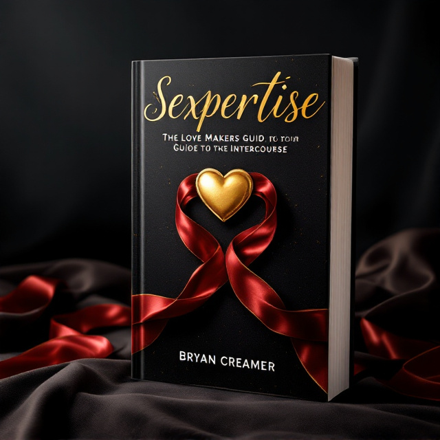 A dark, velvety background with a subtle, sophisticated pattern that hints at an intimate ambiance. In the foreground, a pair of intertwined red and gold silk ribbons symbolizing passion and allure, elegantly wrap around each other. The ribbons lead the eye towards a golden heart emblem placed at the center top of the cover. Soft, ambient lighting casts a gentle shadow beneath the ribbons, suggesting depth and movement.