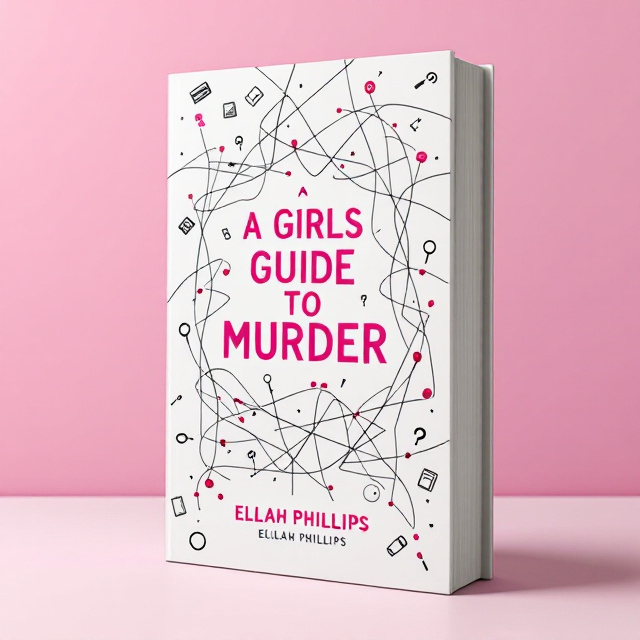 The cover features a tangled maze of thread mapping out a series of lines and red pushpins connecting various points, creating a complex network that hints at the investigation. The background is predominantly white, with a pink hue subtly added to enhance the vibrancy. Small sketches of notebooks, magnifying glasses, and question marks are scattered across the cover, adding depth and intrigue.