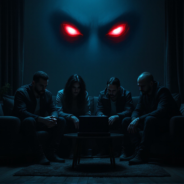 Four people are sitting in a dimly lit living room, each looking serious and tense. In front of them, on a small coffee table, is a mysterious black box. In the background, at the top, a pair of glowing red eyes are ominously watching them. Shadows and dark textures dominate the scene, creating an atmosphere of suspense and foreboding.