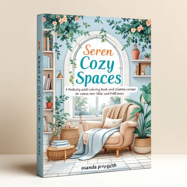 A tranquil scene featuring a cozy reading nook with an overstuffed armchair draped with a soft blanket, surrounded by shelves filled with books, potted plants, and a window showing a serene garden view. Calming pastel colors like soft blues, gentle greens, and warm beige are used to create a peaceful atmosphere.
