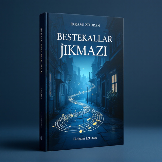 The front cover features a dark blue backdrop, seamlessly blending into the spine and back cover. A transparent image of Turhan Taşan appears subtly in the background, providing a sense of nostalgia. In the foreground, a visual representation of a "dilemma" is depicted through musical notes spiraling into a closed street, suggesting both movement and confinement.
