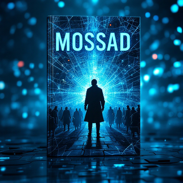 A meticulously detailed depiction of a fragmented glass surface forms the backdrop, with reflections that give a glimpse of a cyber network composed of intertwining codes. In the foreground, the silhouette of a lone, enigmatic figure stands amidst ancient Hun warriors in motion, subtly woven with digital elements. Bright blue hues illuminate the entire scene, creating an electrifying atmosphere of intrigue and tension.