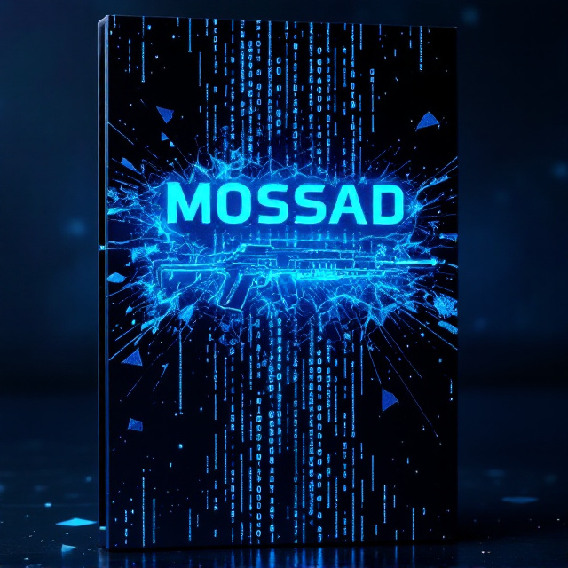 The cover features a shattered glass effect encompassing the entire background, creating a sense of urgency and action. In the forefront, there is an array of digital code streams in a bright blue hue cascading vertically downwards. Silhouettes of guns overlaid with a cybernetic texture stretch across the mid-section of the cover.