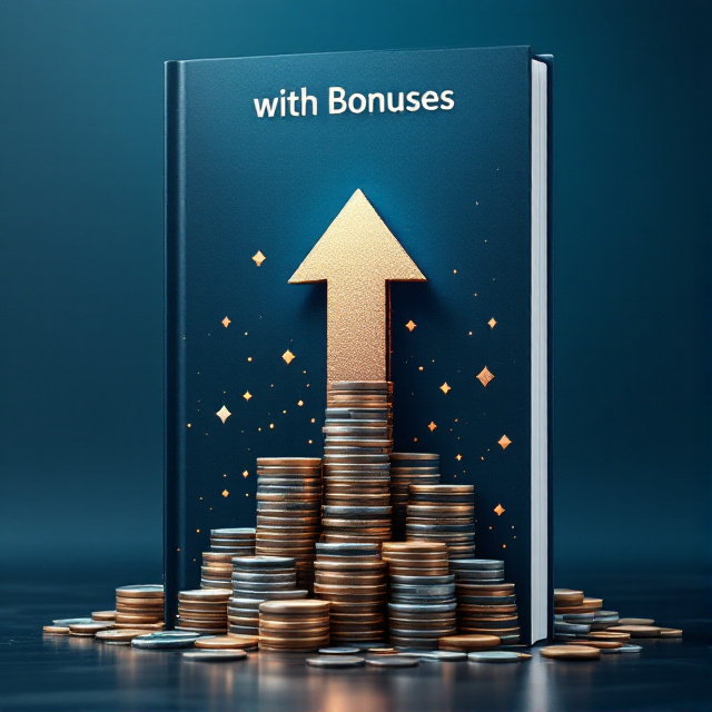 A bold, upward-pointing arrow in the center, made of stacks of coins and banknotes, symbolizing growth. The background is a deep blue gradient that transitions into a lighter shade towards the top, giving a sense of progression and elevation. Subtle geometric shapes in the background create a modern and intriguing texture.