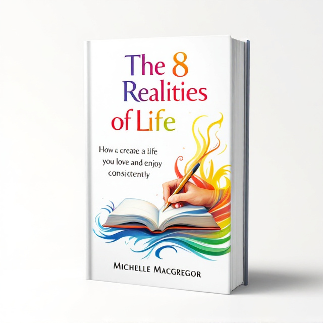A white background with a vibrant array of dynamic swirls in red, yellow, green, and blue flowing across the cover. Central to the composition, a realistic illustration of a hand writing in an open notebook, suggesting themes of self-discovery and personal growth. The hand is positioned vertically, indicating active writing, surrounded by a gentle aura of energy, symbolizing creativity and transformation.