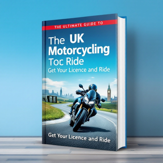 A dynamic image of a motorcycle leaning into a curve on a scenic UK countryside road under a clear blue sky. In the background, subtle silhouettes of iconic UK landmarks like Big Ben and Stonehenge create a sense of place. The overall color palette focuses on bold blues, greens, and silver tones, giving it an energetic and adventurous feel.