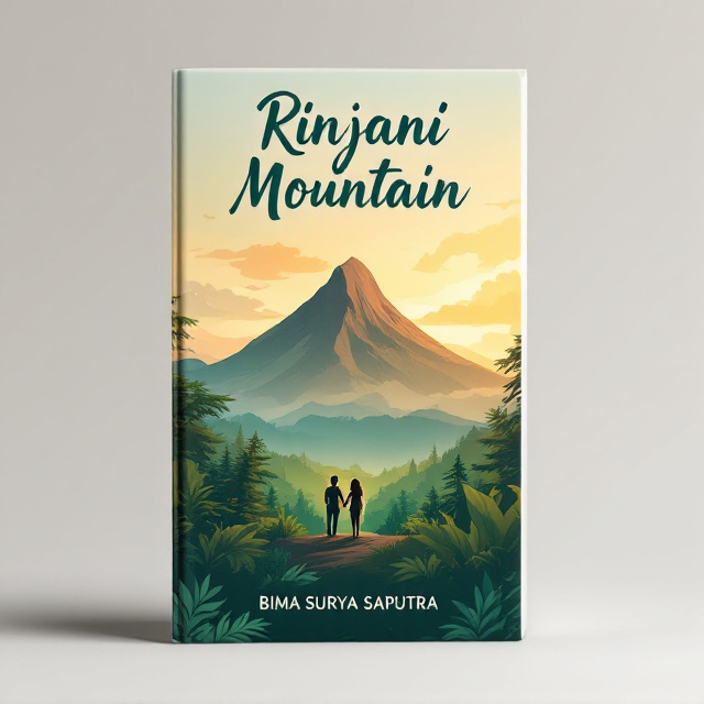 The cover features an illustration of the lush green forest in the foreground with two silhouettes, a man and a woman, gently holding hands and gazing towards the majestic Rinjani Mountain peak in the background. Above them, the sky is painted with a warm, golden hue, suggesting happiness and romance.