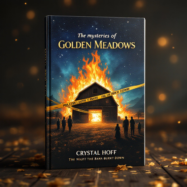 A dramatic illustration shows a barn engulfed in golden flames at the center. Glistening police tape weaves through the scene, adding tension. Around the barn, silhouettes of elderly figures, each with distinct profiles, gather as new friends, with their faces softly lit by the fire's glow. The backdrop is a sprawling field under a star-studded night sky, hinting at mysteries of the past and untold secrets.